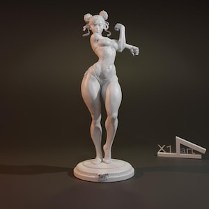 May include: White painted figurine of a woman in a bikini pose. The figurine is standing on a round base with a logo on it. The figurine is made of a smooth, white material.