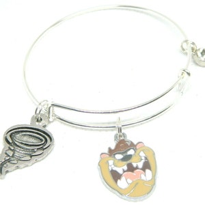 May include: A silver expandable bracelet with a charm of a cartoon Tasmanian devil and a charm of a tornado. The bracelet also has a clear crystal charm.