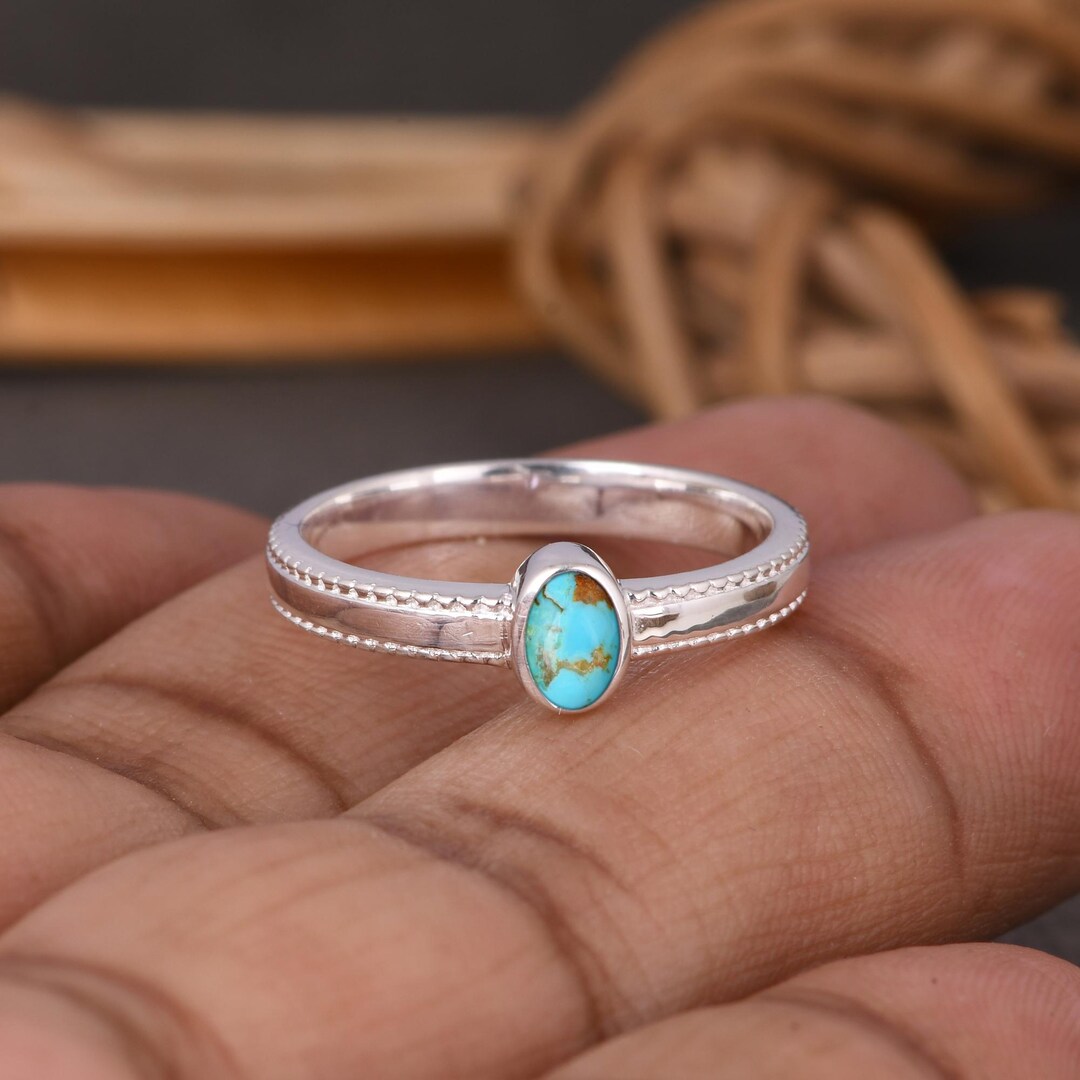 Kingman Turquoise Ring - Sterling Silver Beaded Edge Stacking Band - Etsy