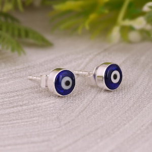 Sterling Silver Evil Eye Stud Earrings, Turkish Blue Eye Nazar Protection Stud, Minimalist Good Luck Gift, Best Friend Gift, Spiritual Stud