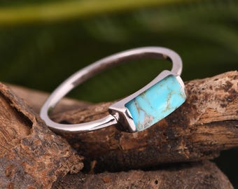 Kingman Turquoise Bar Ring, Sterling Silver Geometric Band, Dainty Rectangle Gemstone Ring
