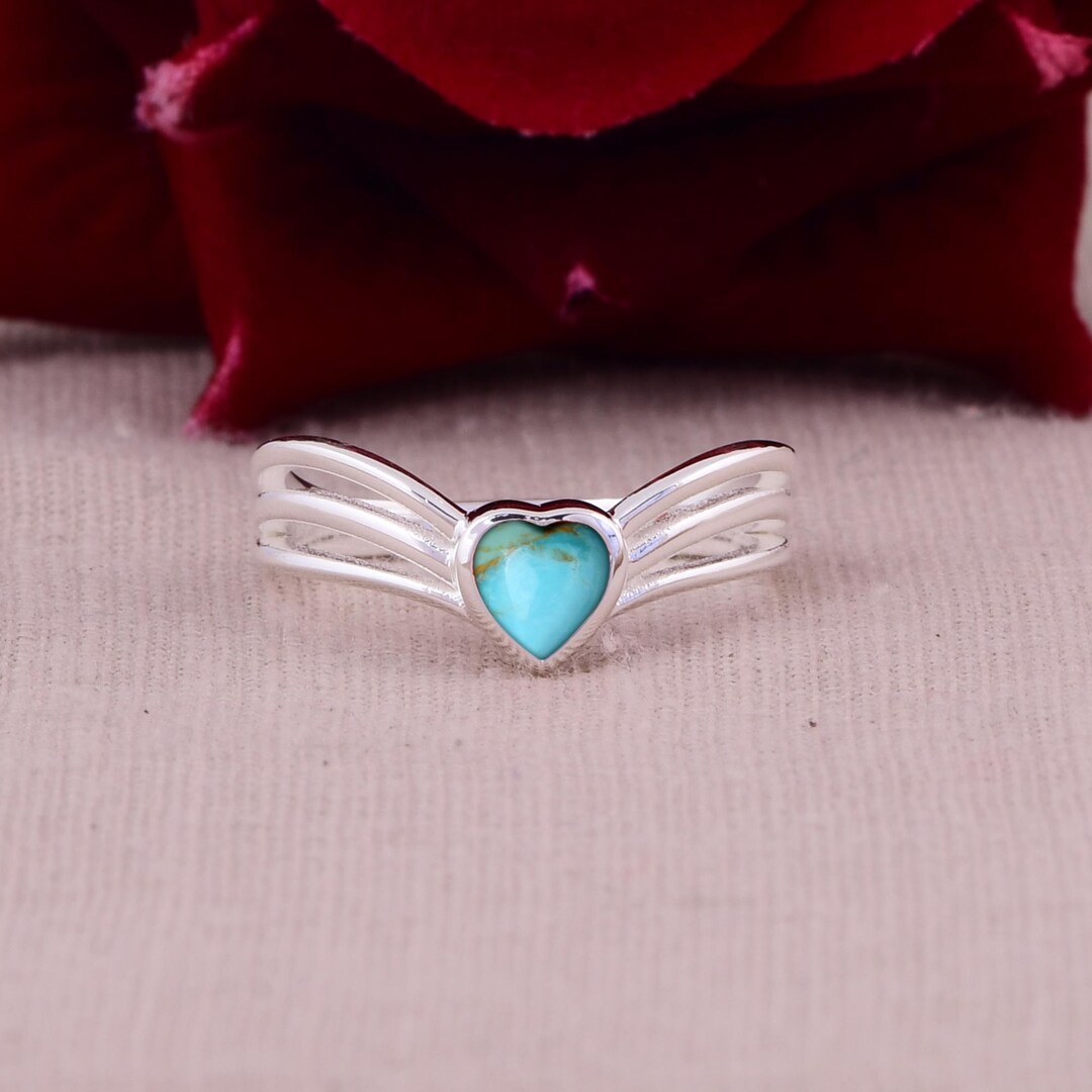 Kingman Turquoise Heart Ring, Sterling Silver Wings, Boho Jewelry - Etsy