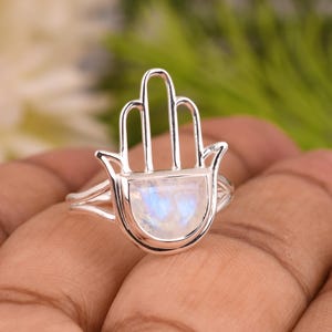 Pierścień Hamsa z Tęczowego Kamienia Księżycowego / Pierścień Hamsa Ochronny / Pierścień Szczęścia / Srebrny Pierścień Hamsa / Duchowy Prezent Biżuteryjny Dla Mamy / Prezent Religijny