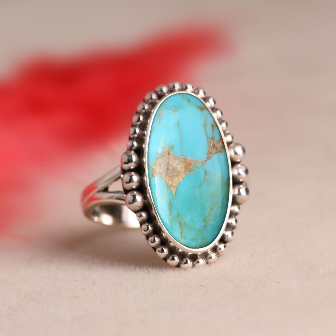 Oval Kingman Turquoise Sterling Silver Statement Ring, Boho ...