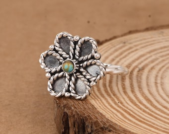 Kingman Turquoise Sterling Silver Floral Ring – Southwestern Boho Jewelry