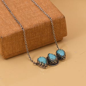Kingman Turquoise Necklace, 925 Sterling Silver Boho Jewelry, Gift for Her, Turquoise Trio Pendant, Cluster Necklace, Trio Stone Necklace