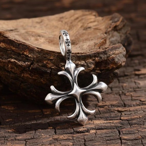Oxidized Sterling Silver Fleur De Lis Cross Pendant, Gothic