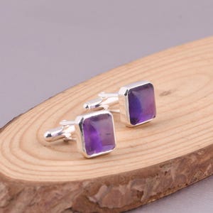 Handmade Amethyst Cufflinks: Sterling Silver Rustic Gemstone Jewelry