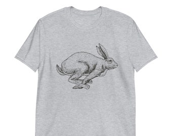 May include: A gray t-shirt with a black and white illustration of a running hare.