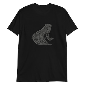 May include: Black t-shirt with a gray silhouette of a frog on the front.