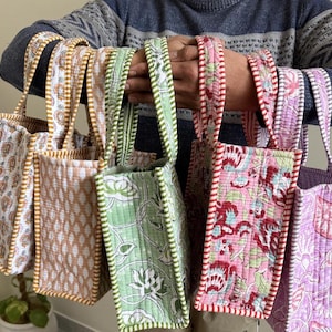 Hand block printed quilted mini tote bags set, reusable cotton lunch totes with striped handles, handmade.