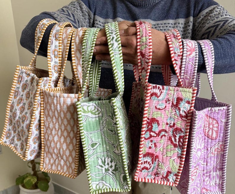 Hand block printed quilted mini tote bags set, reusable cotton lunch totes with striped handles, handmade.