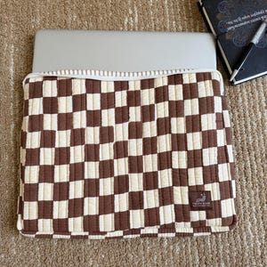 Block Printed Quilted Cotton Laptop Sleeve | Padded MacBook Case 13 14 15 Inch | Zipper Closure | Handmade Laptop Cover Gift Mocha Grid
