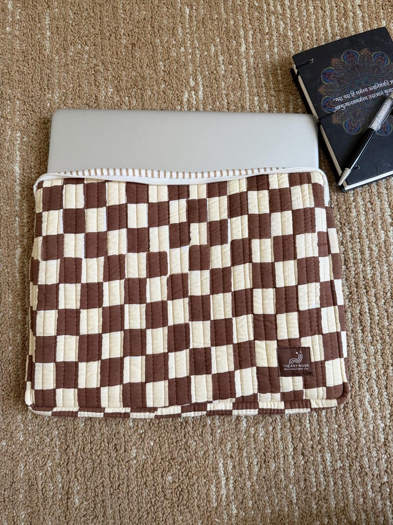 Block Printed Quilted Cotton Laptop Sleeve | Padded MacBook Case 13 14 15 Inch | Zipper Closure | Handmade Laptop Cover Gift Mocha Grid