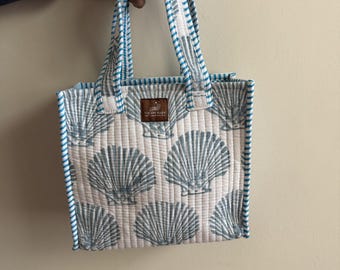 Handmade Quilted Mini Tote Bag | Cotton Lunch Bag | Reusable Fabric Tote | Block Print Small Carry Bag