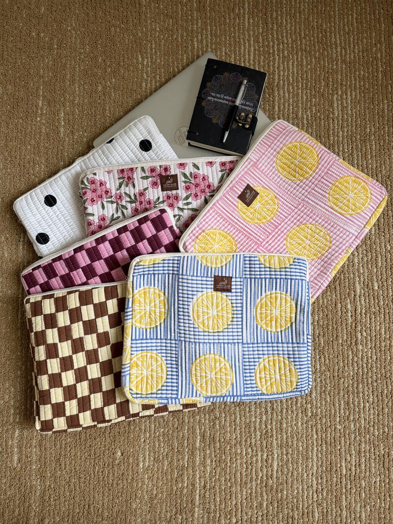 Block Printed Quilted Cotton Laptop Sleeve | Padded MacBook Case 13 14 15 Inch | Zipper Closure | Handmade Laptop Cover Gift image 20