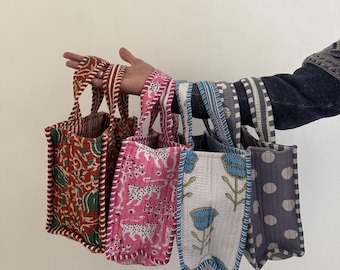 Handmade Quilted Mini Lunch Tote | Block Printed Cotton Bag