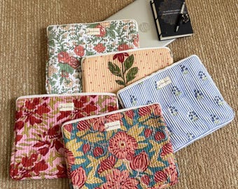Quilted Cotton Laptop Case 13 14 15 Inch | Zipper Closure | Block Printed Padded MacBook Sleeve | Handmade Laptop Cover Gift