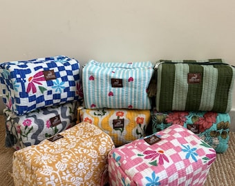 Handmade Quilted Cosmetic Bag Set | Block Print Cotton Travel Pouches