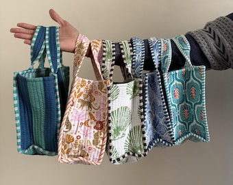 Handmade Quilted Mini Tote Bag | Block Printed Cotton Lunch Bag | Reusable Small Fabric Tote for Work, Picnic & Gifting