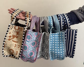 Handmade Quilted Mini Tote Bag | Block Print Cotton Lunch Bag