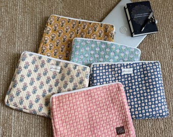 Handmade Cotton Laptop Sleeve | Hand Block Print Quilted Laptop Bag | Padded macbook Cover | 13-15 Inch Laptop Case | Gift for Him Her
