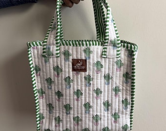 Quilted Cotton Lunch Bag | Handmade Mini Tote | Reusable Lunch Tote for Work & School | Cactus Print Mini Tote