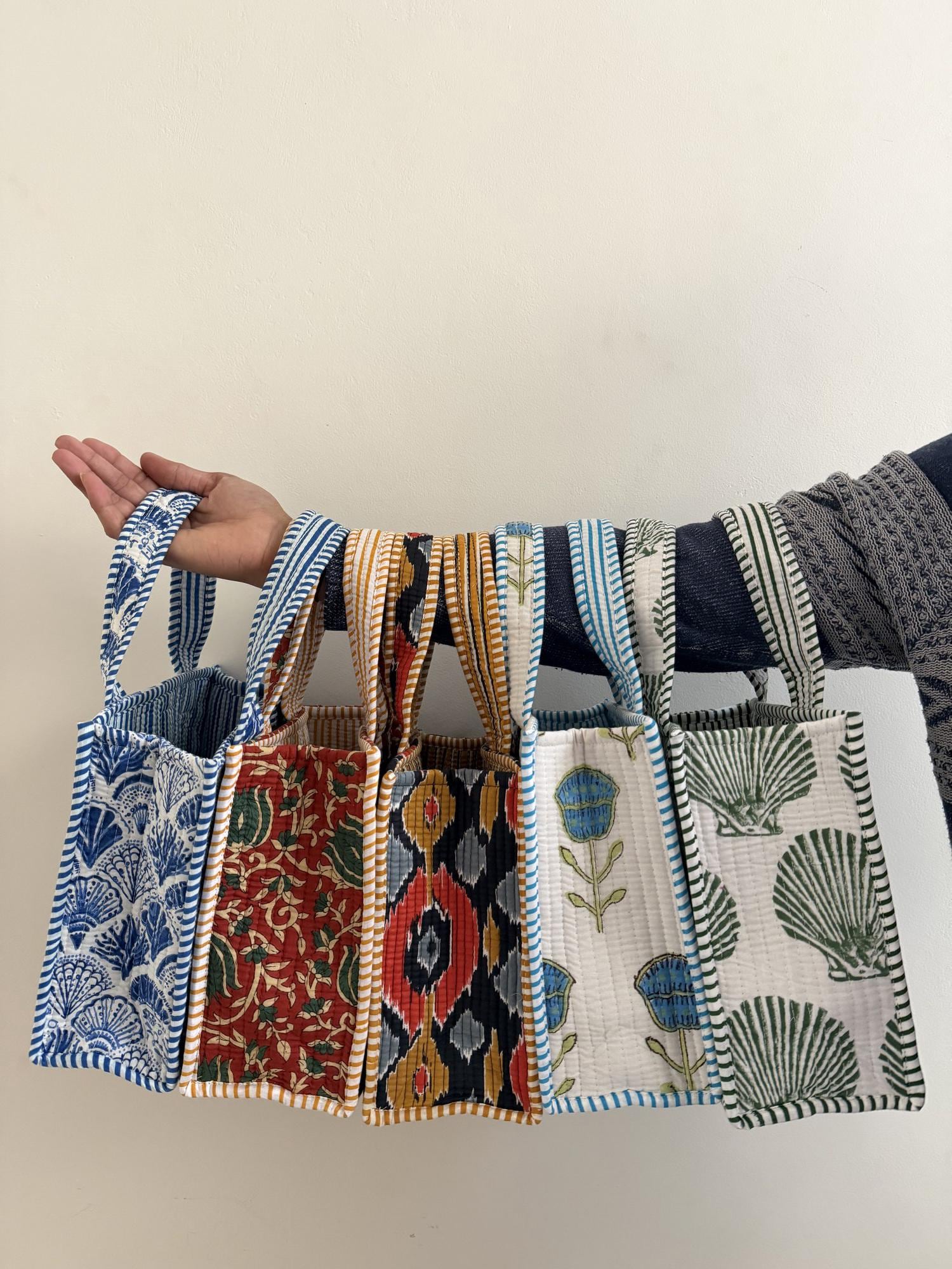 Quilted Cotton Lunch Bag, Hand Block Printed Cotton, Small Reusable Tote Bag, Eco Friendly Gift, Choose Your Print