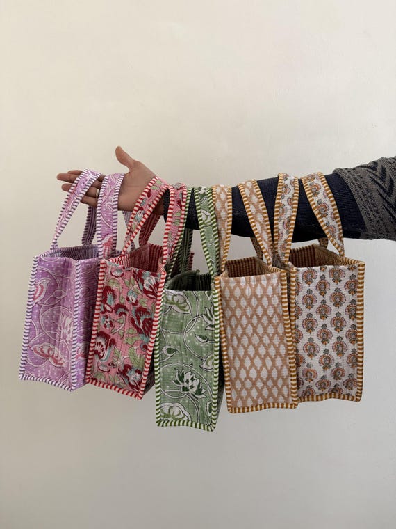 Quilted Cotton Mini Tote Bags | Block Print Lunch Tote | Small Reusable Fabric Bag | Handmade Gift