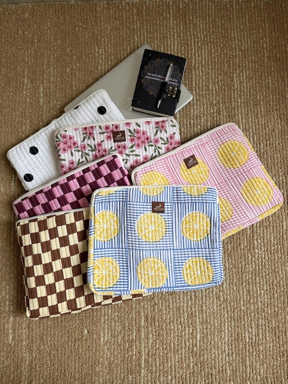 Block Printed Quilted Cotton Laptop Sleeve | Padded MacBook Case 13 14 15 Inch | Zipper Closure | Handmade Laptop Cover Gift