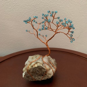 Fantasy Tree Sculpture - Sky Blue Glass Bead and Copper Colored Wire on Druzy Quartz/Chert Base