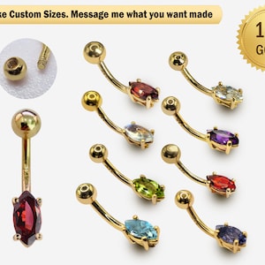 14K Gold Belly Button Ring, 14G Belly Bar with Marquise Shape Precious Crystals - Navel Piercing, Belly Ring, Belly Piercing Curved Barbell