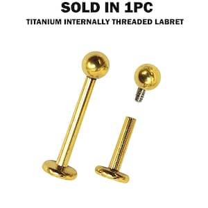 Titanium Gold Labret Stud Piercing 16G 14G Internally Threaded Lip Jewellery, Lip Ring, Tragus Earring - 6mm to 12mm