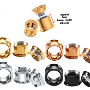 Op de afbeelding: Set van acht oorpluggen in verschillende maten, met een gouden, zilveren en zwarte afwerking. Elke plug heeft een schroefdraad ontwerp en een interne tunnel lengte van 6 mm.