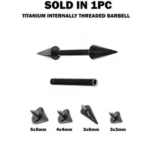 May include: Black titanium internally threaded barbell with a pointed end. The barbell is available in four sizes: 5x5mm, 4x4mm, 3x6mm, and 3x3mm.