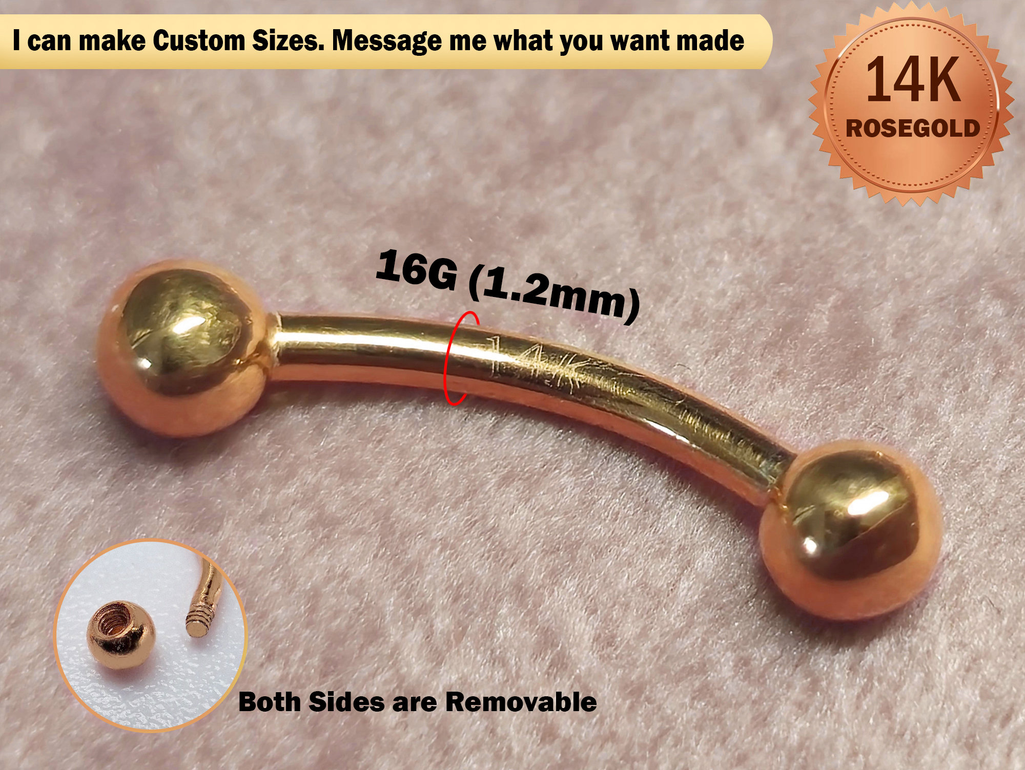 14K Rose Gold Eyebrow Piercing: 16G Curved Barbell Body Jewelry