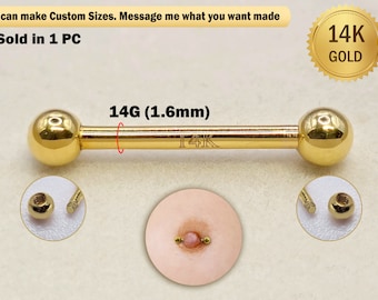 14K Gold Nipple Barbell: 14G Straight Piercing Jewelry