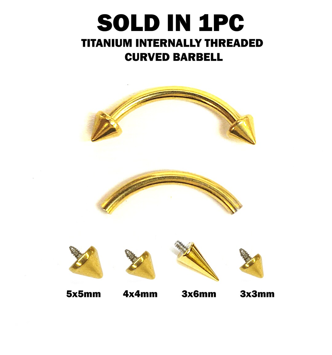 Gold Spike Titanium Curved Barbell: 16G 14G Internally Threaded