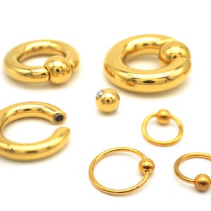 Gold Septum Ball Hoop Captive Ring, Closure Ball and Spring Ball BCR Piercing also for Ear Gauges - 18G to 00G Body Piercing Titanium