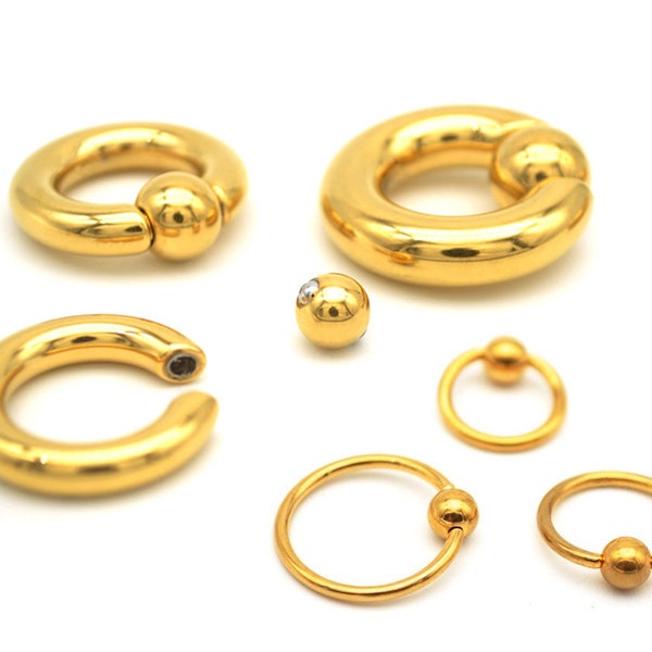 Gold Septum Ball Hoop Captive Ring, Closure Ball und Spring Ball BCR Piercing auch für Ohr Gauges - 18G bis 00G Body Piercing Titan