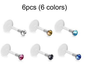 Labret Lip Jewelry Retainer 6PCS Piercing 16G with Push Gem 2mm CZ Crystals - Flexible Bioplast for Lips, Cartilage. Monroe, Medusa Jewelry