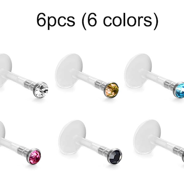 Labret Lip Jewelry Retainer 6PCS Piercing 16G with Push Gem 2mm CZ Crystals - Flexible Bioplast for Lips, Cartilage. Monroe, Medusa Jewelry