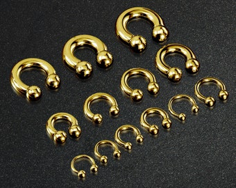 Gold Circular Curved Horseshoe Barbell Piercing, Septum Ring, PA Ring, Lip Ring, Ear Piercing, Helix -  18G to 00G Body Piercing