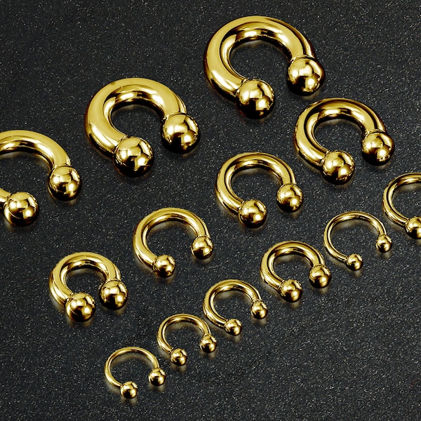 Gold Circular Curved Horseshoe Barbell Piercing, Septum Ring, PA Ring, Lip Ring, Ear Piercing, Helix -  18G to 00G Body Piercing