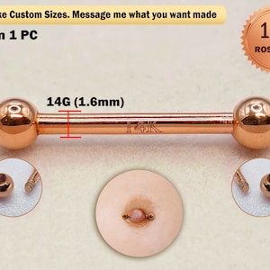 14K Rose Gold Nipple Jewelry Piercing, 14G Tongue Barbell, Nose Bridge - Externally Threaded - Straight Bar