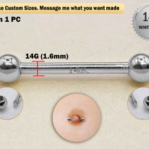 14K White Gold Nipple Jewellery Piercing, 14G Tongue Barbell, Nose Bridge - Externally Threaded - Straight Bar Earrings