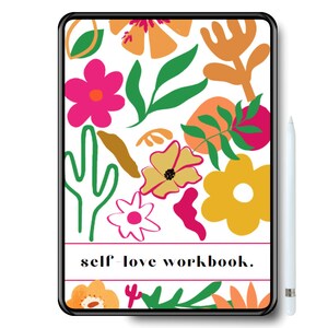 Może przedstawiać: Tablet cyfrowy z białym tłem i kolorowymi wzorami kwiatowymi. Tekst "self-love workbook." znajduje się na dole ekranu. Biały rysik znajduje się obok tabletu.