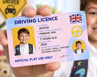 Kids Driving Licence Personalised – Pretend Play ID Card with Photo & Details, UK-Inspired Toy License for Children - Real Plastic Card
