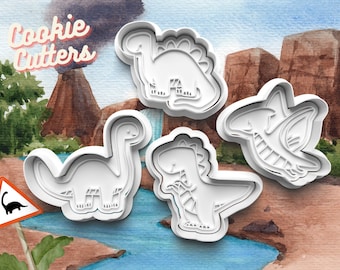 Juego completo con adorables cortadores y sellos para galletas con temática de dinosaurios, varios tamaños, ¡ideales para hornear, decorar con fondant, etc.! Juego profesional de 4 piezas.