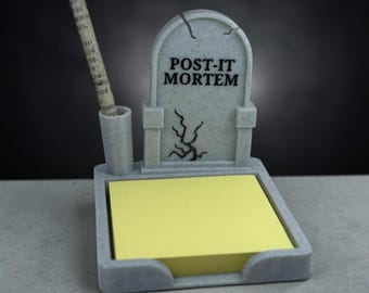 Personalised Tombstone Post It Style Sticky Note Holder & Pencil Pot - Ideal Halloween Desk Gift - Custom Text up to 3 lines.